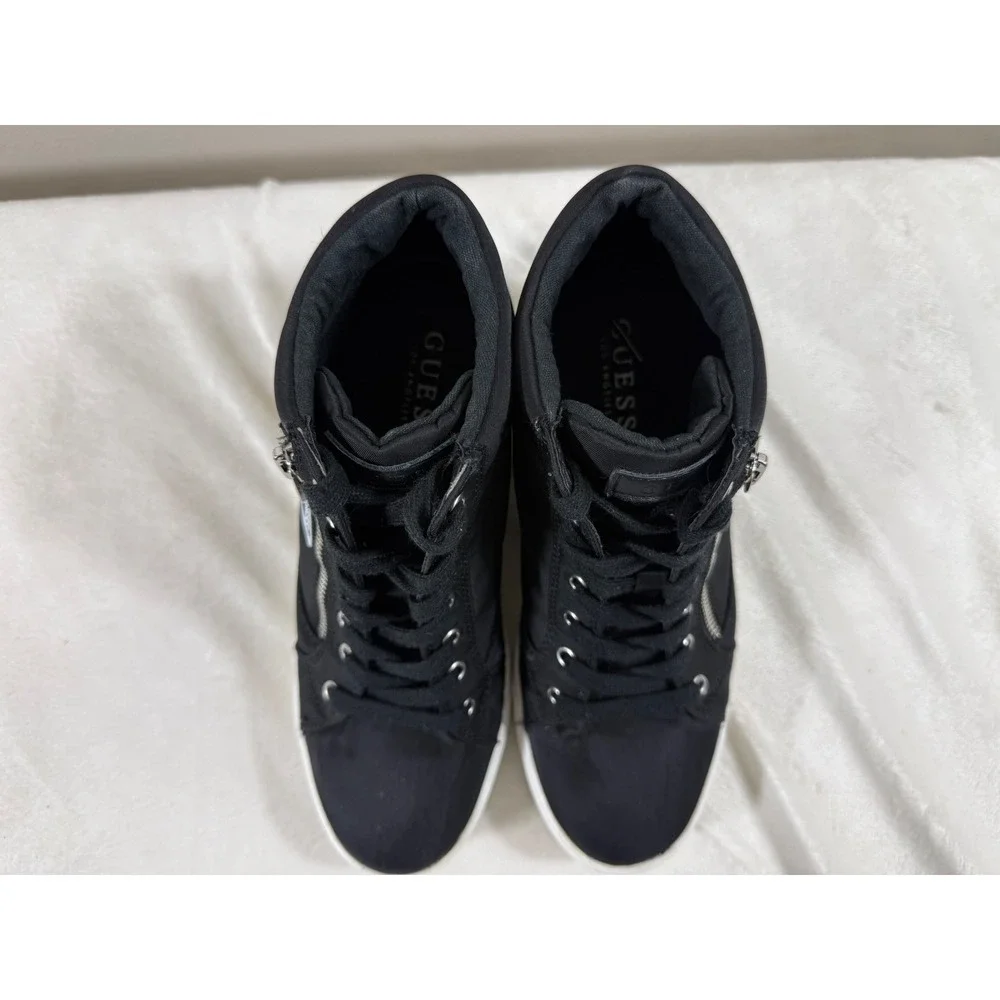 Guess Wedge High Top Sneakers Women 8.5 Black Lace Up Side Zip Logo Casual Shoes